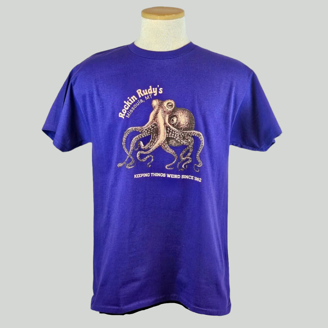 Purple t-shirt with an octopus graphic and text on a mannequin against a white background