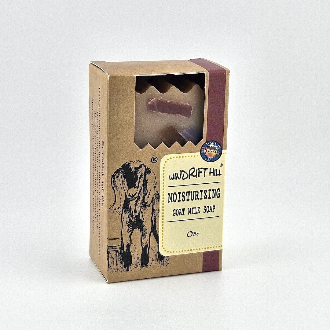 Box of Windrift Hill moisturizing goat milk soap on a gray background