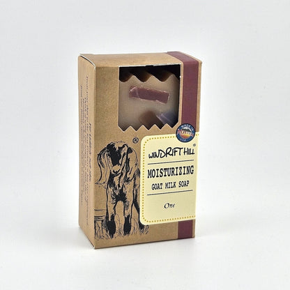 Box of Windrift Hill moisturizing goat milk soap on a gray background