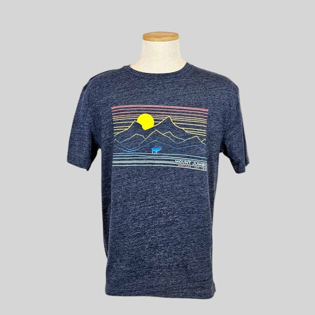 Navy t-shirt with mountain graphic on a mannequin against a white background