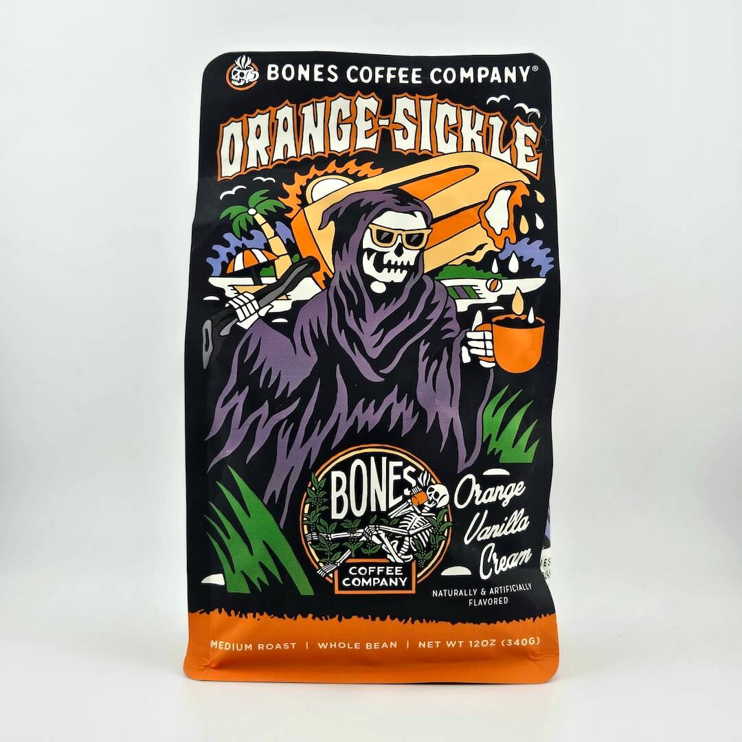 Coffee package from Bones Coffee Company with a colorful design featuring a skeleton and text.