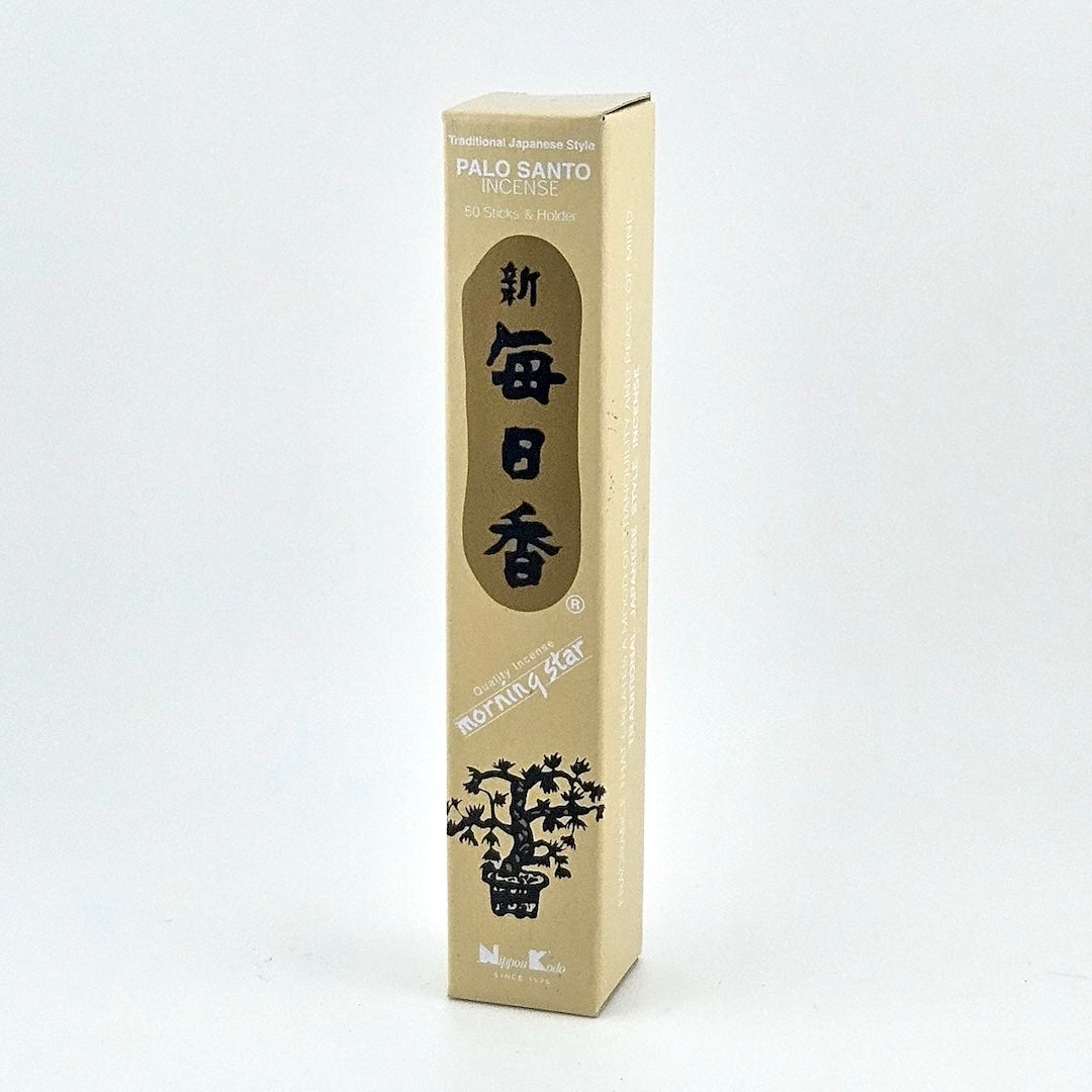 beige box of 50 incense sticks with Japanese writing above bonsai tree packaging on gray background.