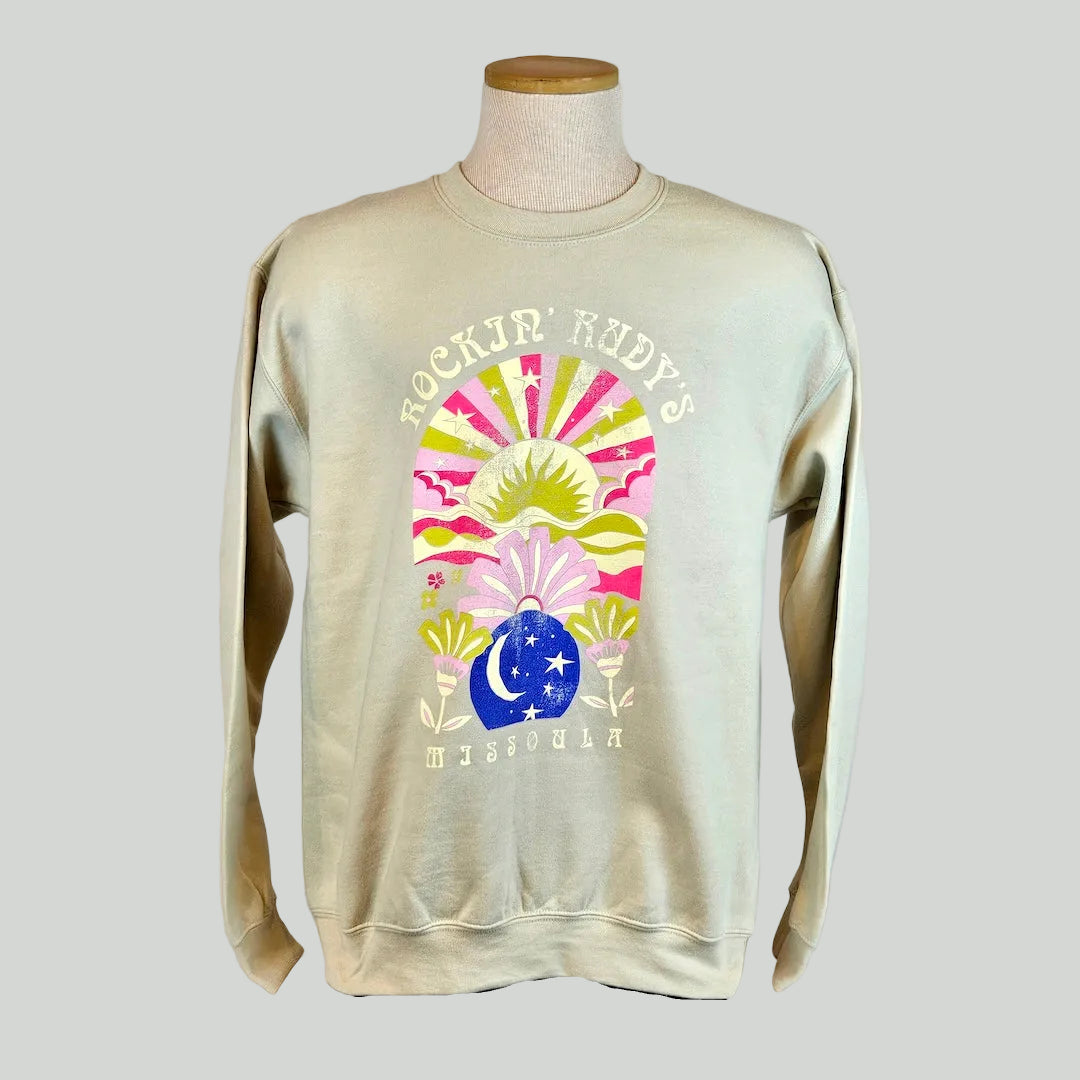 Beige sweatshirt with colorful graphic design on a mannequin against a white background