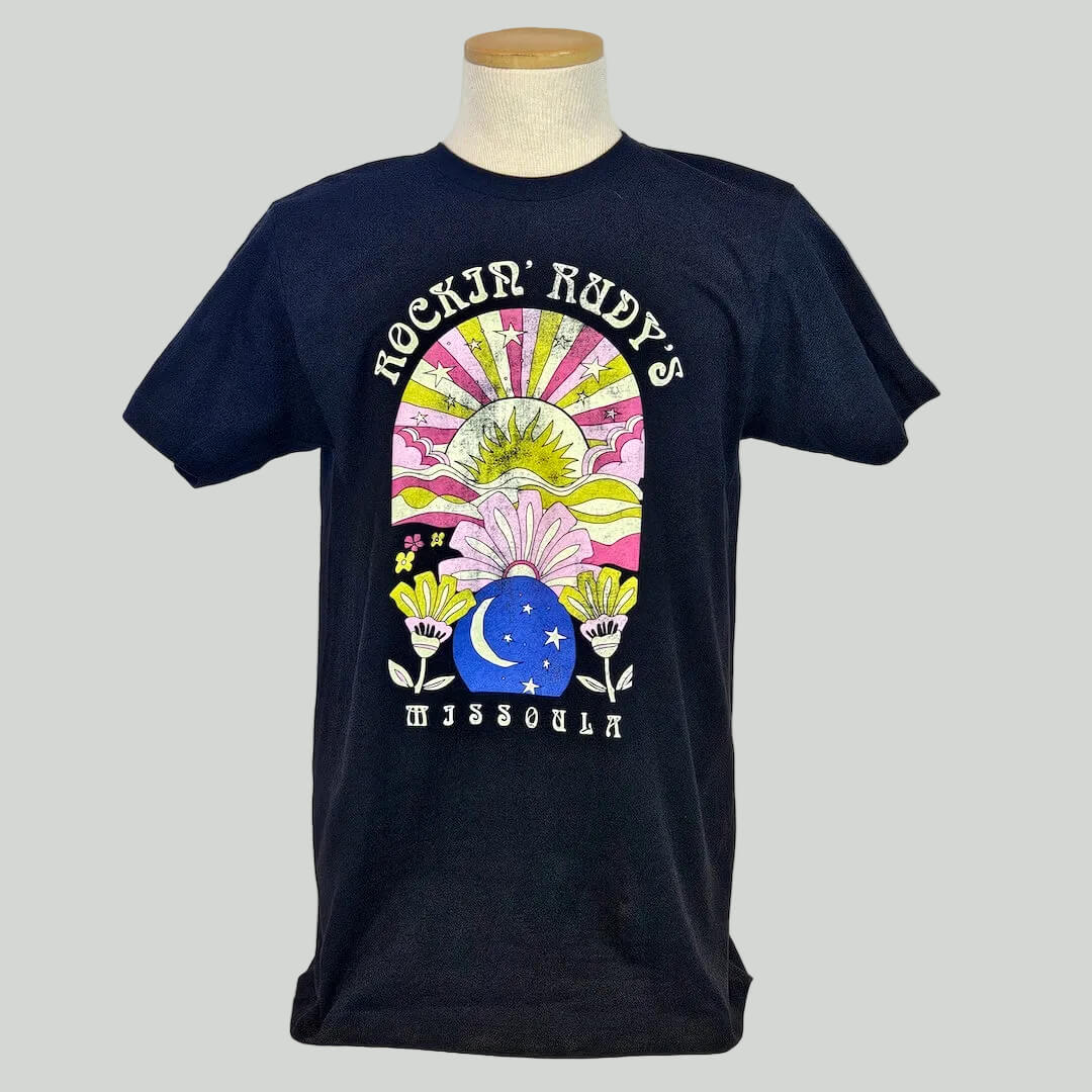 Black t-shirt with colorful graphic design on a mannequin against a white background