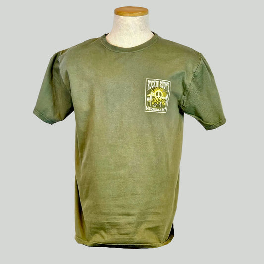 Green t-shirt with a logo on a mannequin against a white background