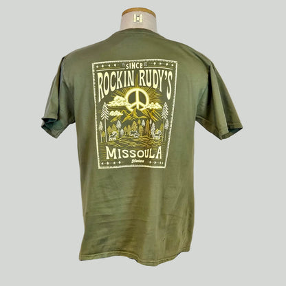 Green t-shirt with 'Rockin Rudy's Missoula' graphic on a mannequin against a white background