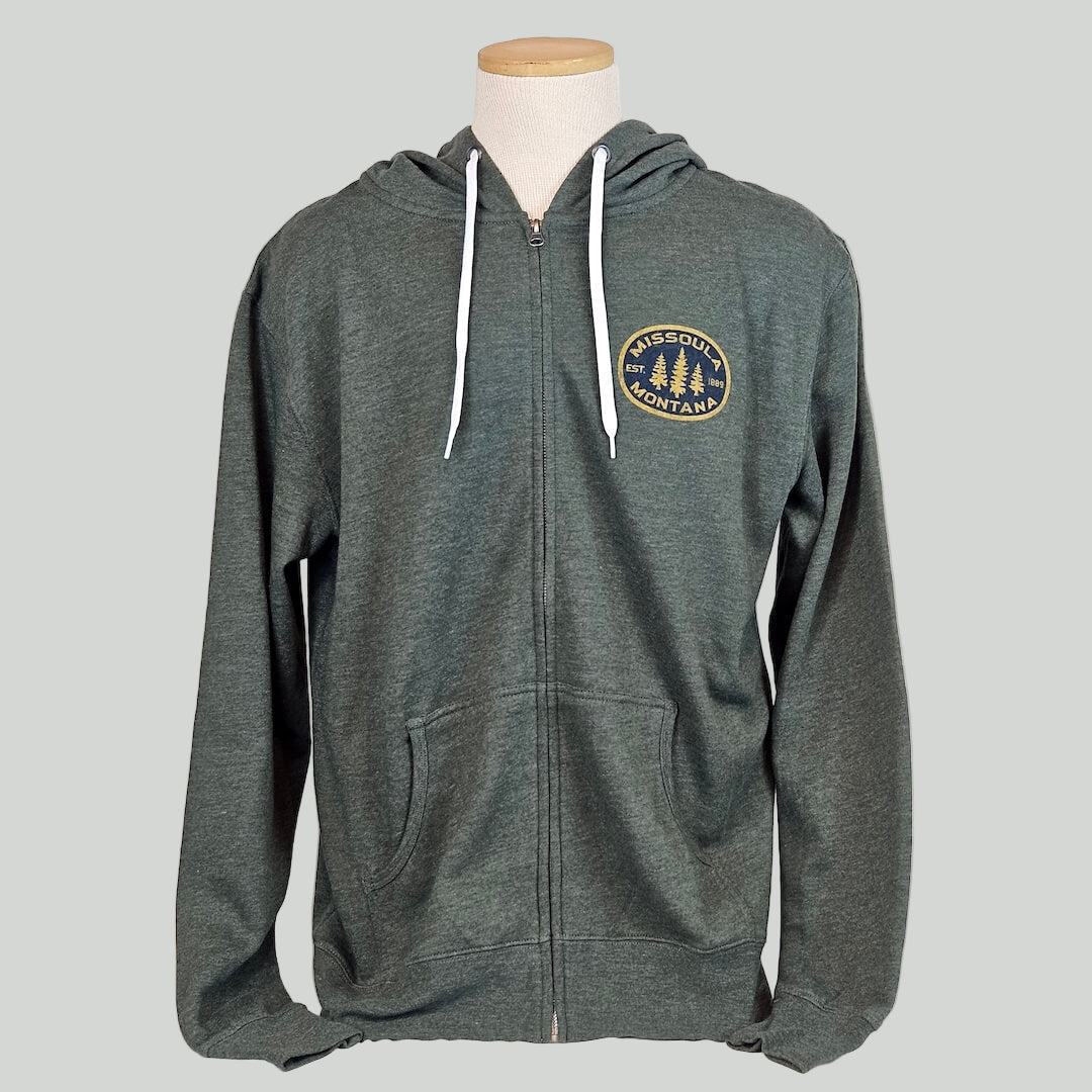 Green heathered hoodie with a logo on a mannequin against a gray background