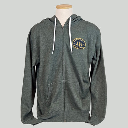 Green heathered hoodie with a logo on a mannequin against a gray background