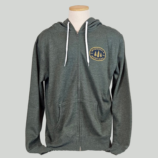 Green heathered hoodie with a logo on a mannequin against a gray background