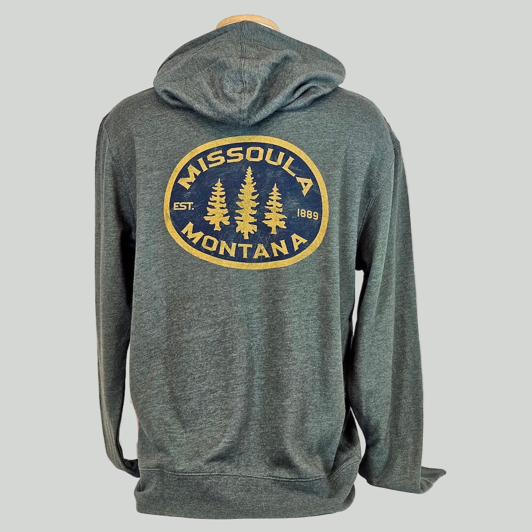 Green heathered hoodie with 'Missoula Montana' logo on a gray background