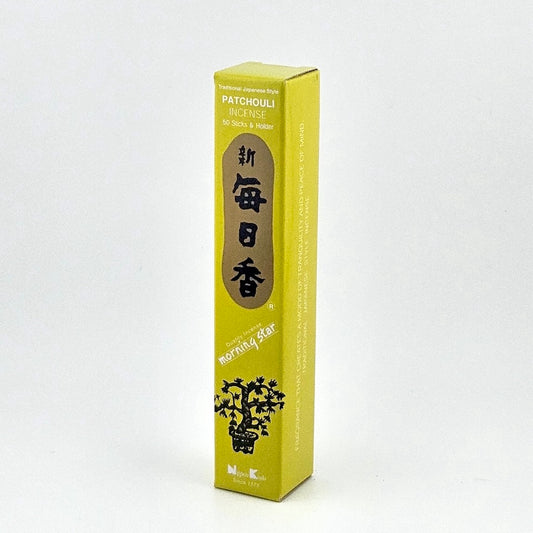 lime green box of 50 incense sticks with Japanese writing above bonsai tree packaging on gray background.