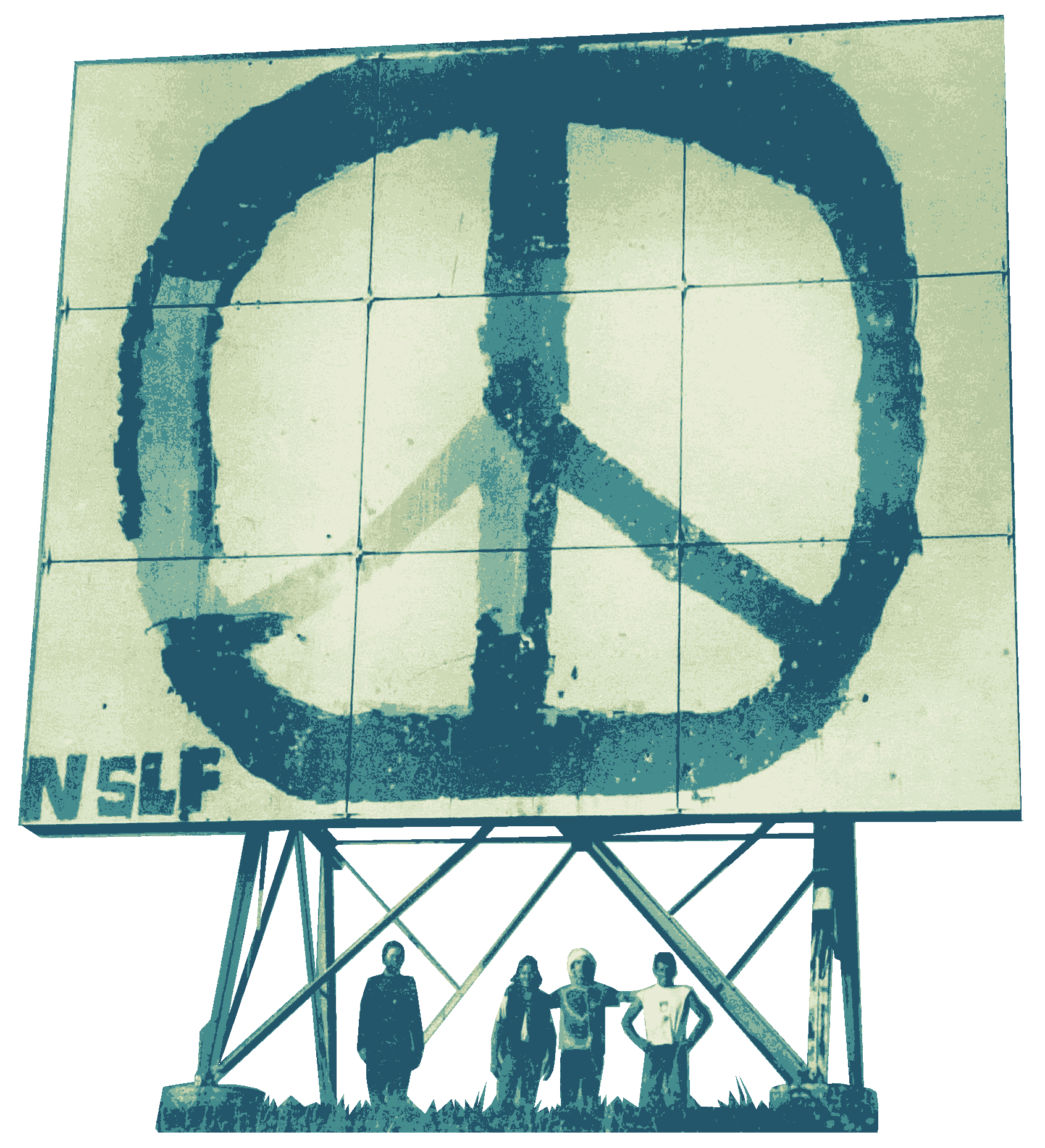Peace symbol with 'NSLF' text on a grid background, featuring silhouettes of people.