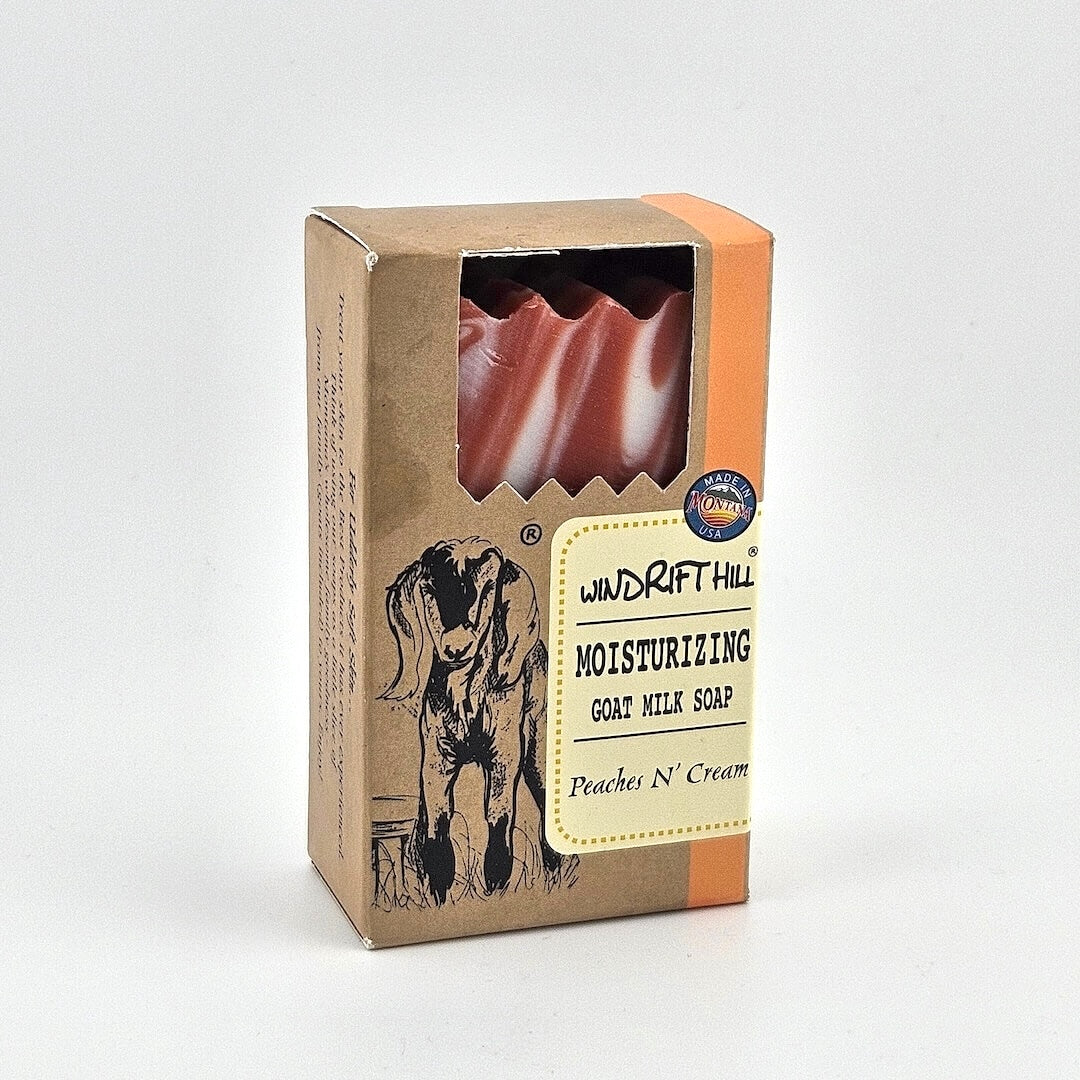 Box of Windrift Hill moisturizing goat milk soap with a goat illustration on a white background