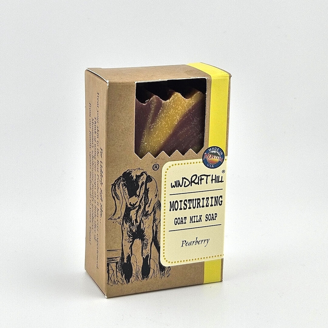 Windrift Hill moisturizing goat milk soap packaging with a yellow label on a white background