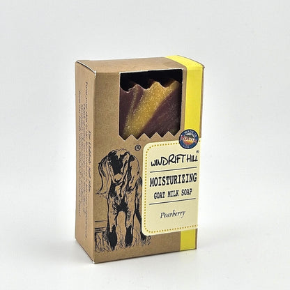 Windrift Hill moisturizing goat milk soap packaging with a yellow label on a white background