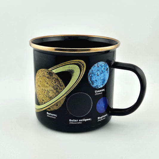 Black mug with solar system design on a white background