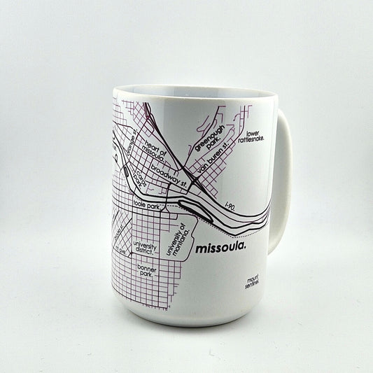 White mug with black map design on a white background
