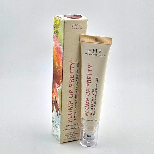 F.H.F. Farmhouse Fresh 'Plump Up Pretty' lip treatment tube and packaging on a light gray background