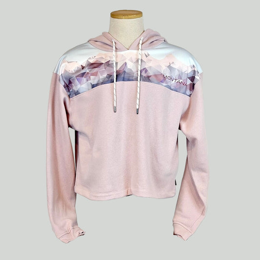 Pink hoodie with a colorful mountain design across shoulders, displayed on a mannequin against a plain background.