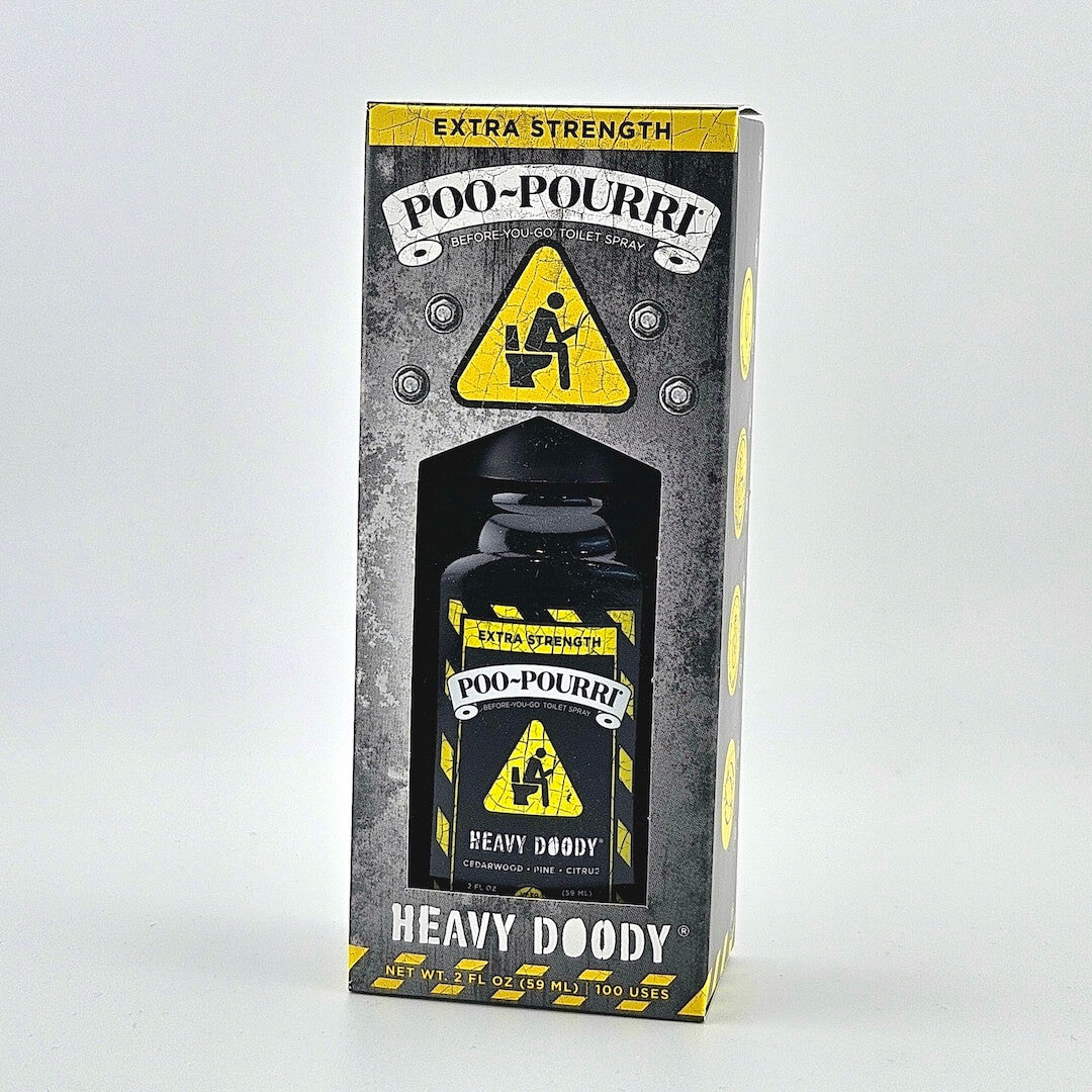 Poo-Pourri air freshener spray in packaging against white background. 