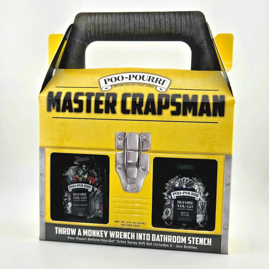 Poo-Pourri Master Crapsman packaging with two bottles and a handle on a white background