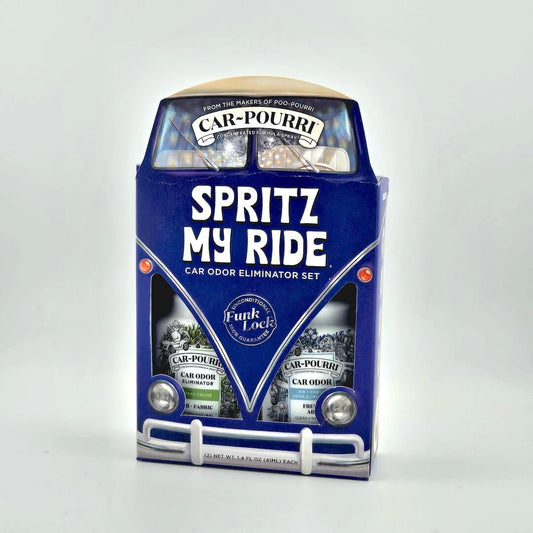 Car-Pourri Spritz My Ride car odor eliminator set packaging on a white background