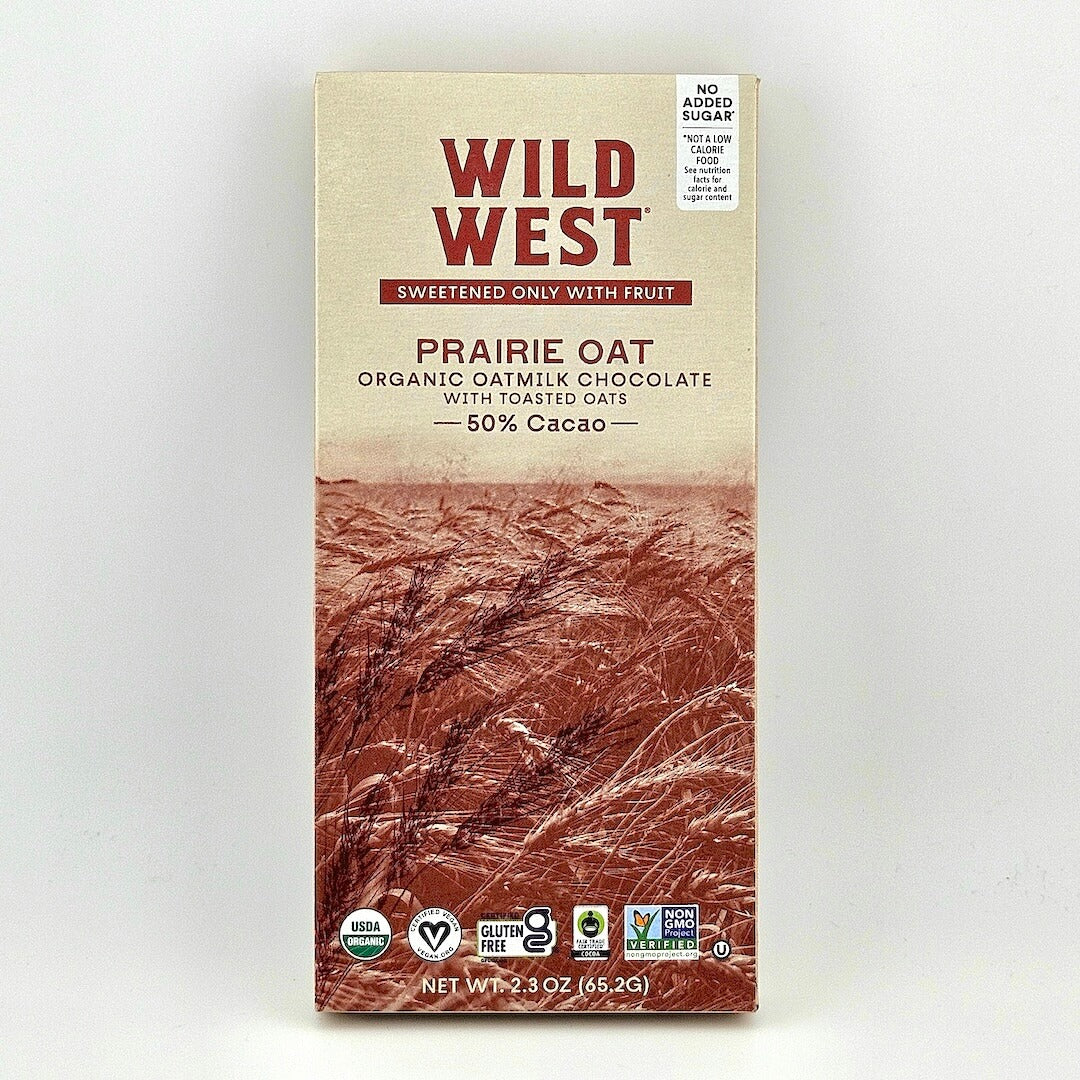 Wild West Prairie Oat chocolate bar packaging on a white background