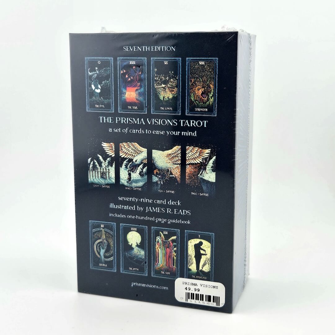 Prisma Visions Tarot card set packaging with tarot card illustrations on a white background