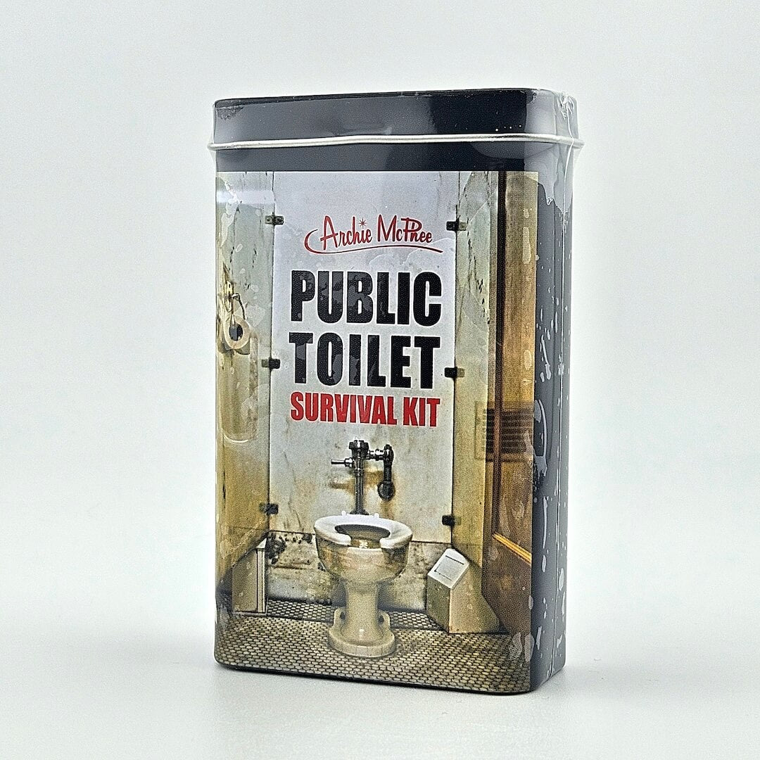 Public Toilet Survival Kit packaging with a vintage-style illustration of a public toilet.