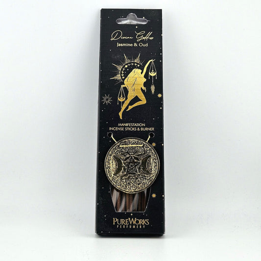 Packaged incense sticks with a gold figure and star design on a white background