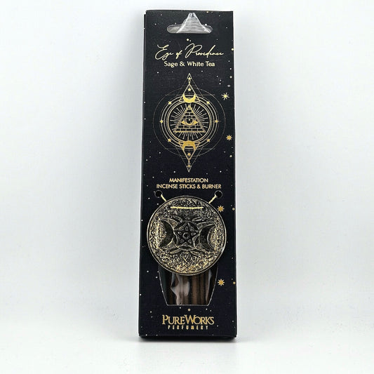 Packaged incense sticks and burner with star and moon design on a white background