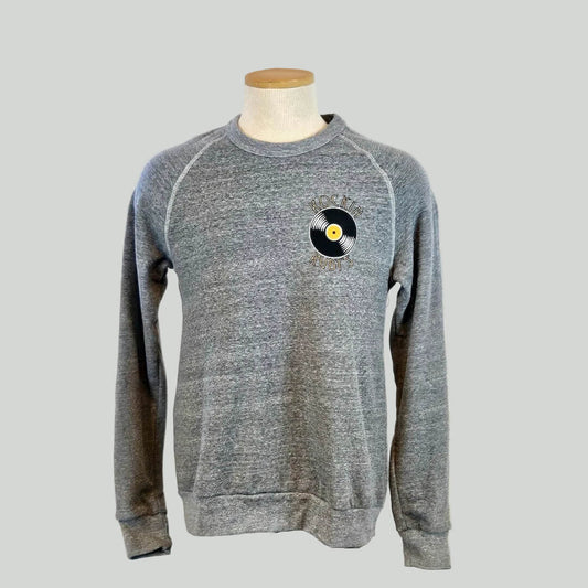 Gray sweatshirt with a record design on a mannequin against a white background