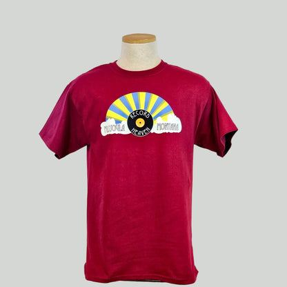 Red t-shirt with a graphic design on a mannequin against a white background