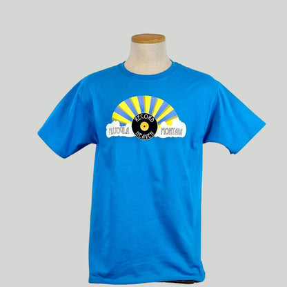 Blue t-shirt with a graphic design on a mannequin against a plain background