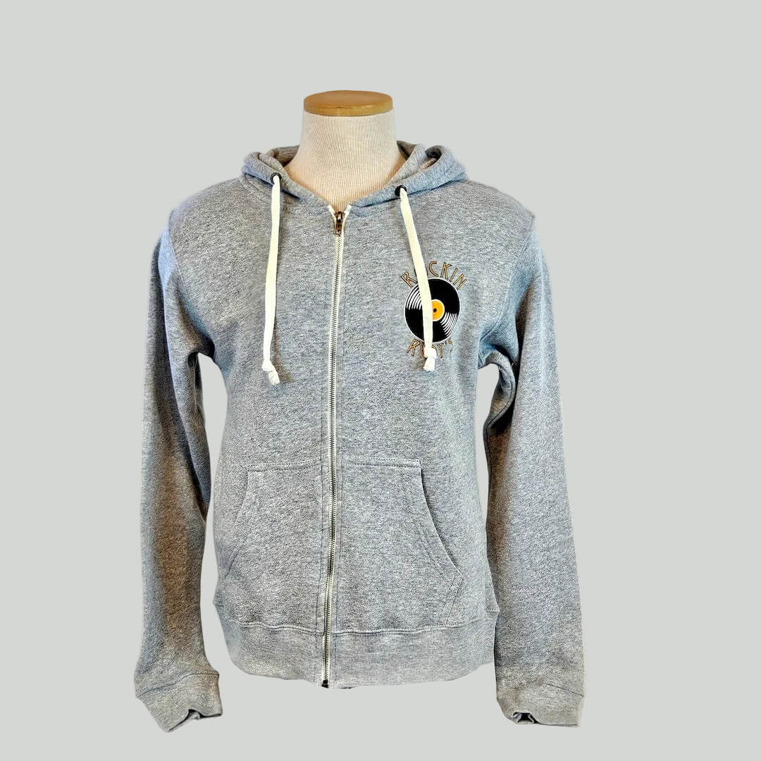 Gray zip-up hoodie with a logo on a mannequin against a gray background