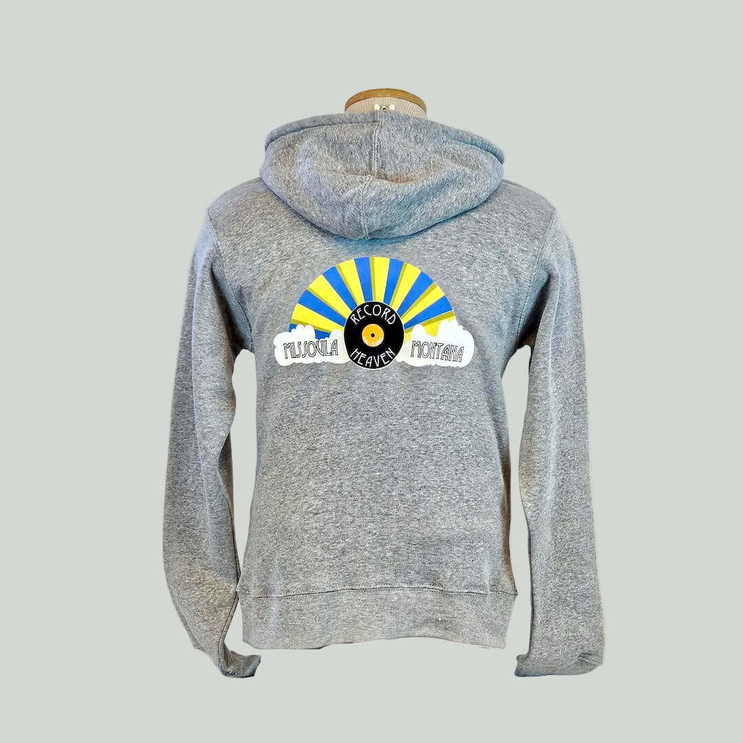 Gray hoodie with a colorful logo on a mannequin against a white background
