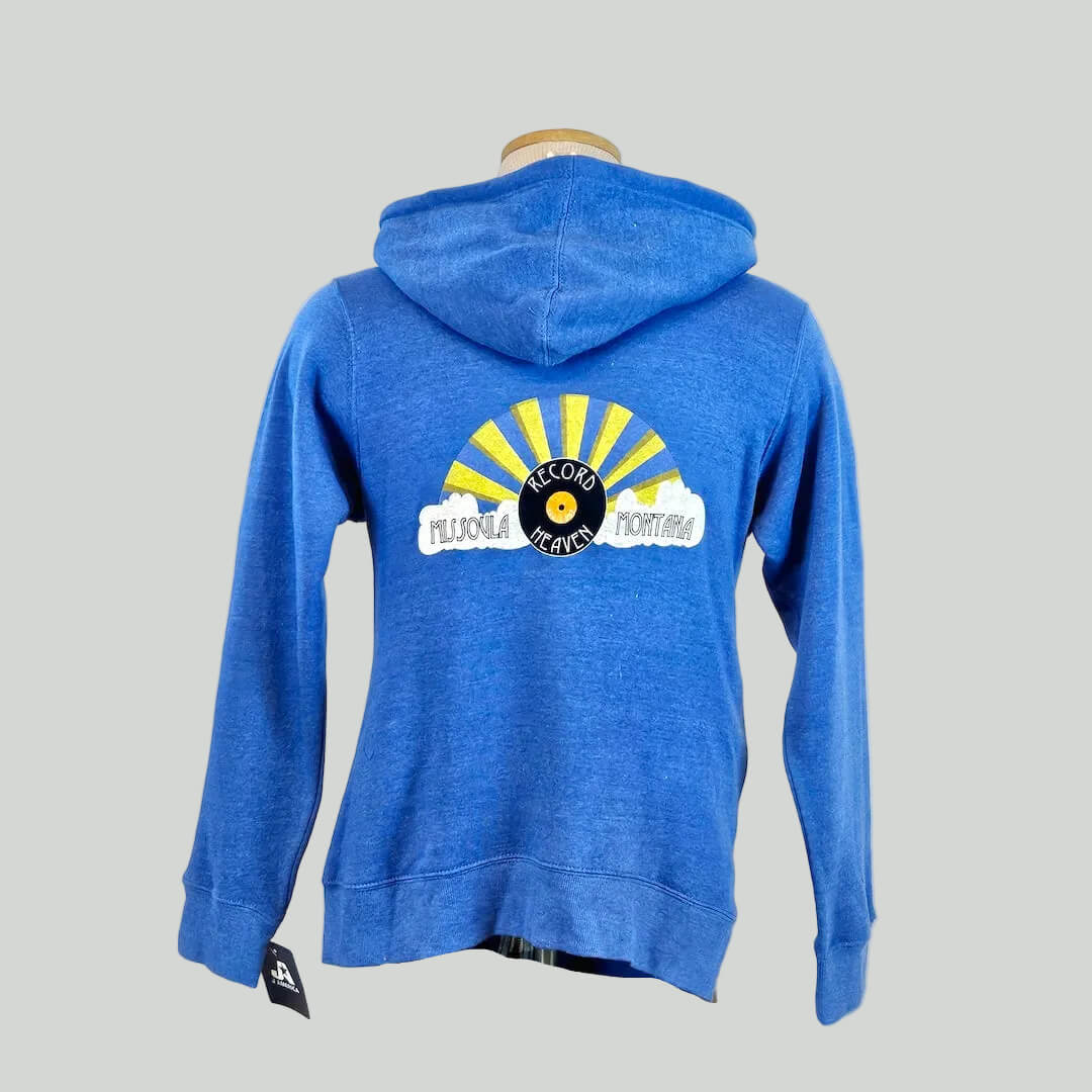 Blue hoodie with a logo on the back, displayed on a mannequin against a white background.