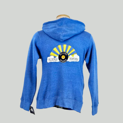 Blue hoodie with a logo on the back, displayed on a mannequin against a white background.