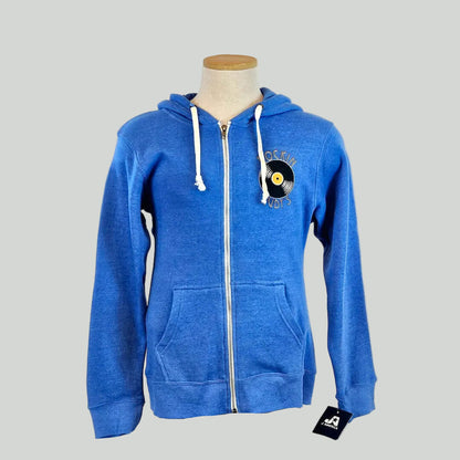 Blue hoodie with a logo on a mannequin against a gray background