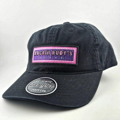 Black cap with a pink and purple logo on a white background