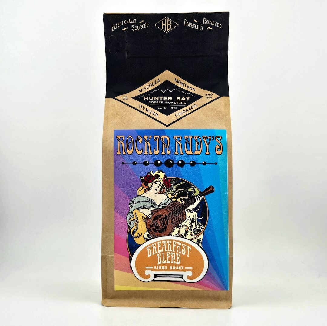 Coffee bag labeled 'Rockin' Ruby's' with a colorful design on a white background