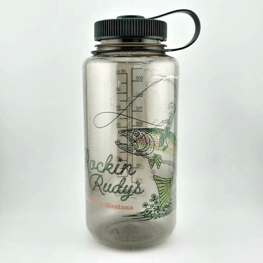 Olive green water bottle with dark green attached lid & image of man riding fish rodeo style next to store name in rope.