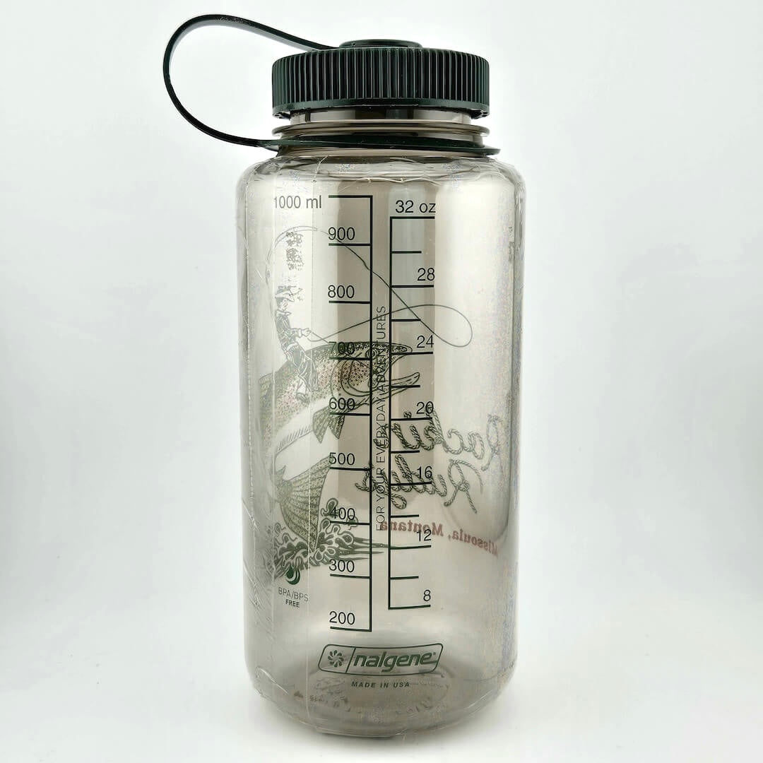 Olive green water bottle with dark green attached lid & dark green print delineating mL & oz measurements up to 32 oz. 