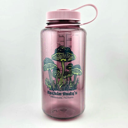 Light pink water bottle with matching lid. Green mushrooms as center image with stars on tops, store name & location below. 