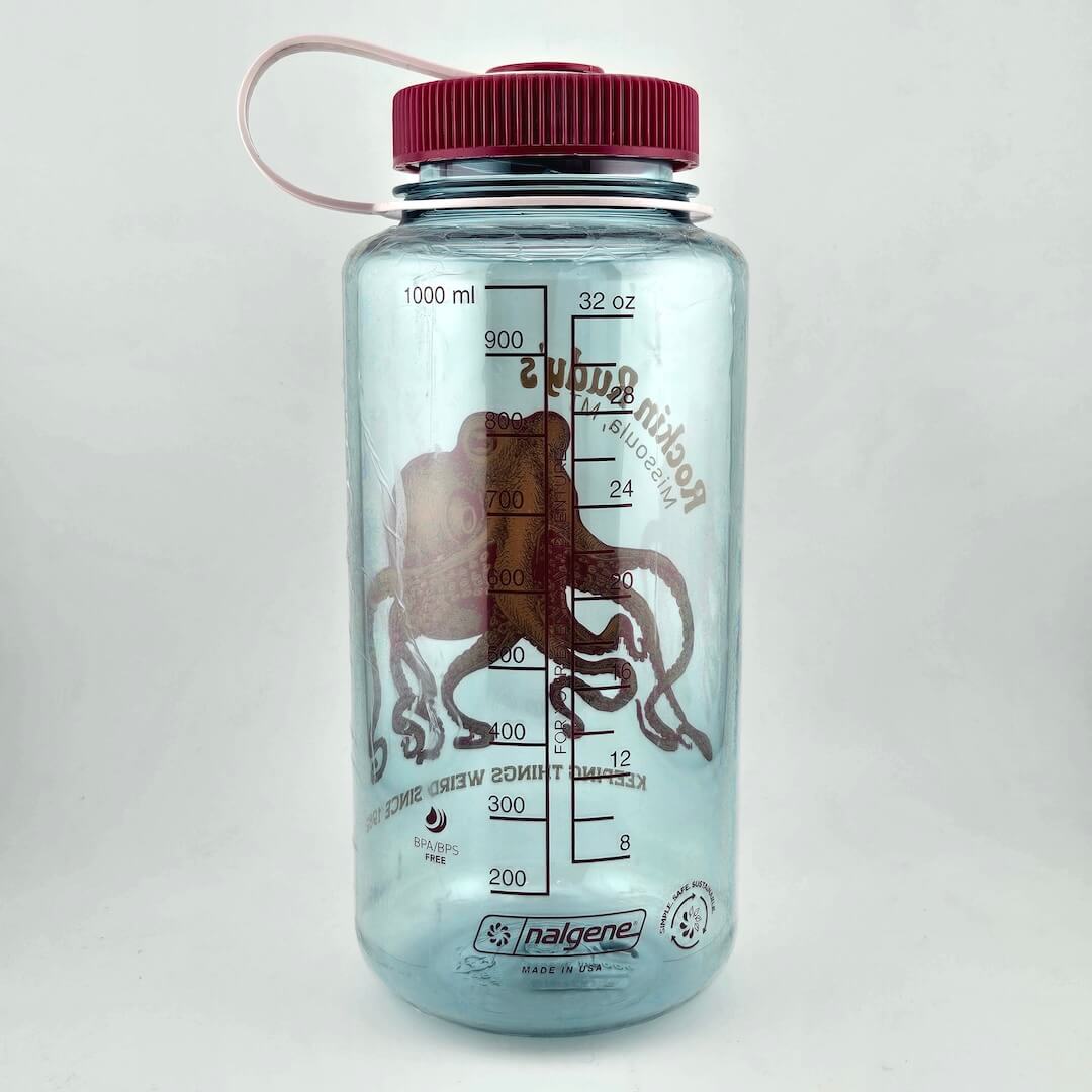 Light blue water bottle with magenta lid and mL & oz measurements identified in magneta ink. 