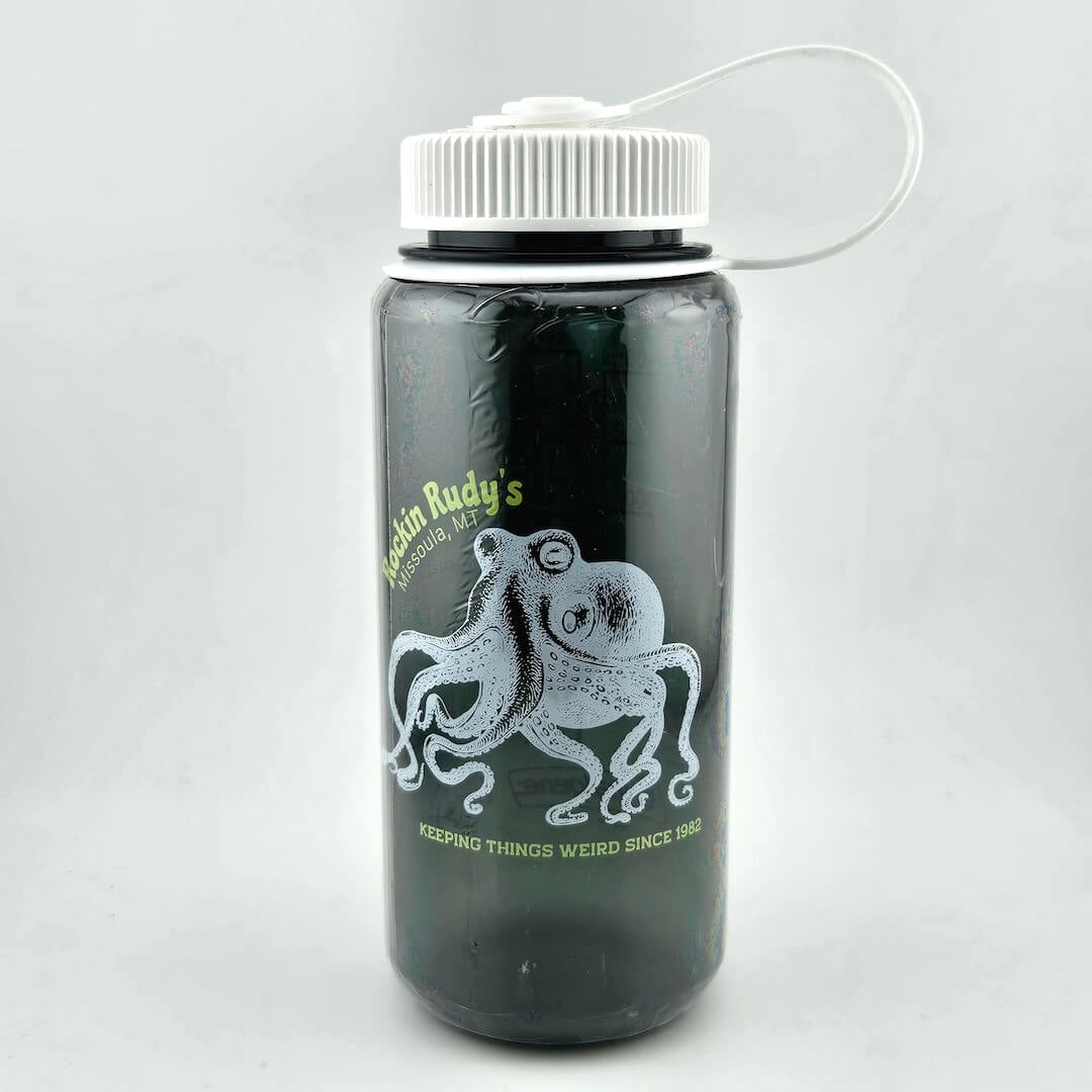 Dark green plastic water bottle with white attached lid, white octopus in center with green, store name above & motto below.