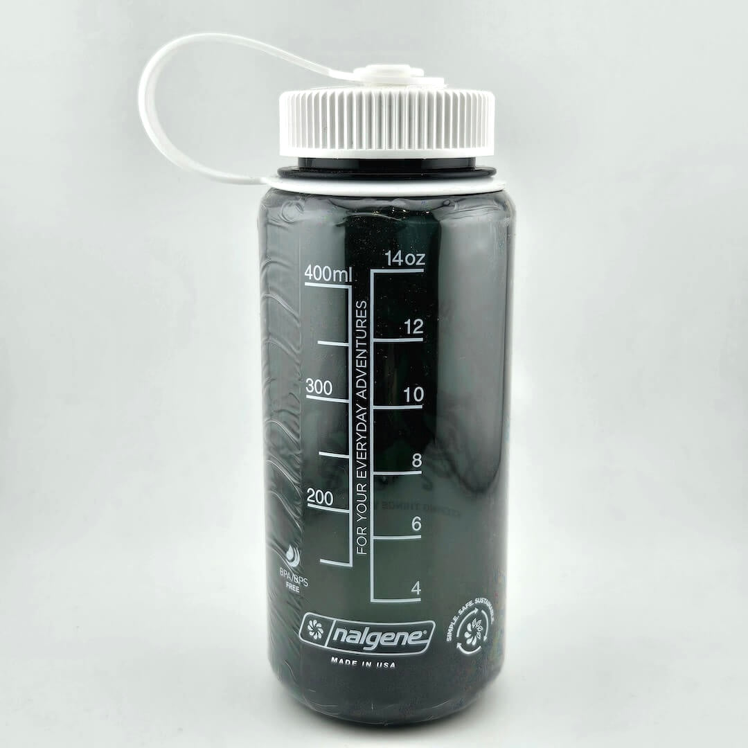 Dark green water bottle with white attached lid, mL & oz measurements in white print going up to 14 oz. 