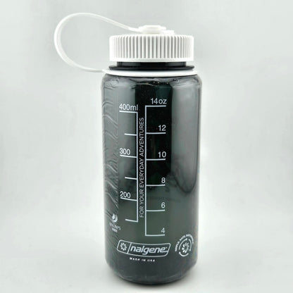 Dark green water bottle with white attached lid, mL & oz measurements in white print going up to 14 oz. 