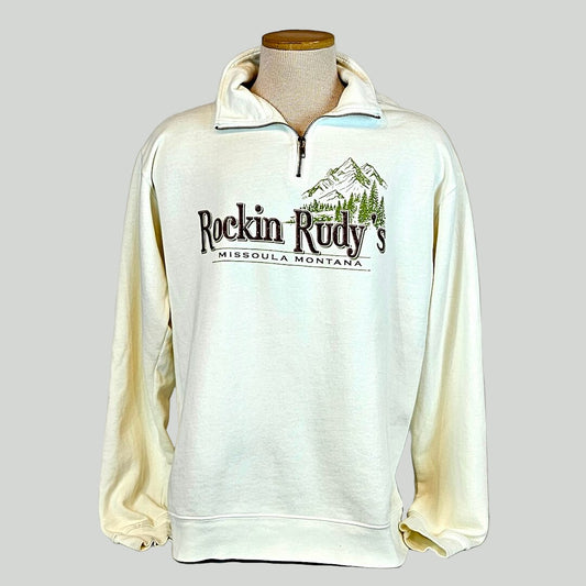 White pullover with 'Rockin Rudy's' logo on a mannequin against a gray background