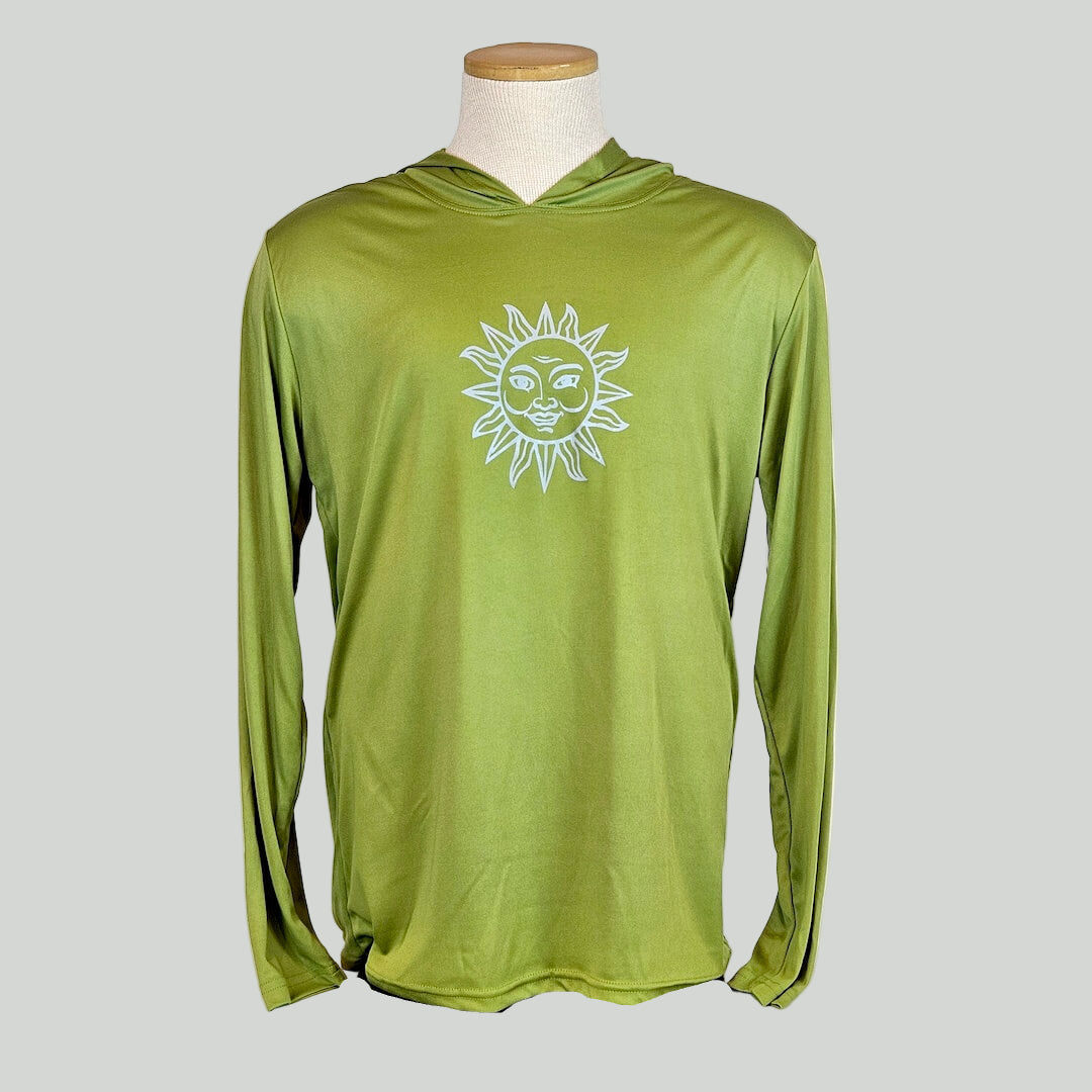 Green long-sleeve shirt with a sun design on a mannequin against a white background